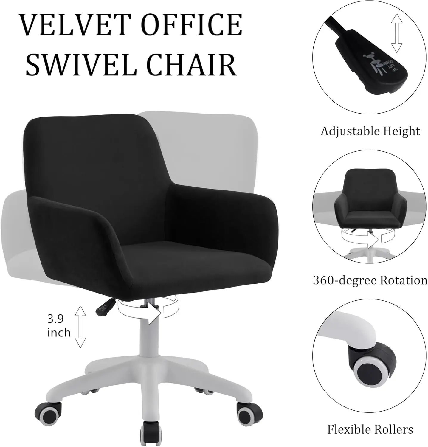 Sedia girevole per ufficio domestico in velluto, sedia per computer Graziose sedie da ufficio, 360 ° Sedia da reception girevole regolabile in altezza
