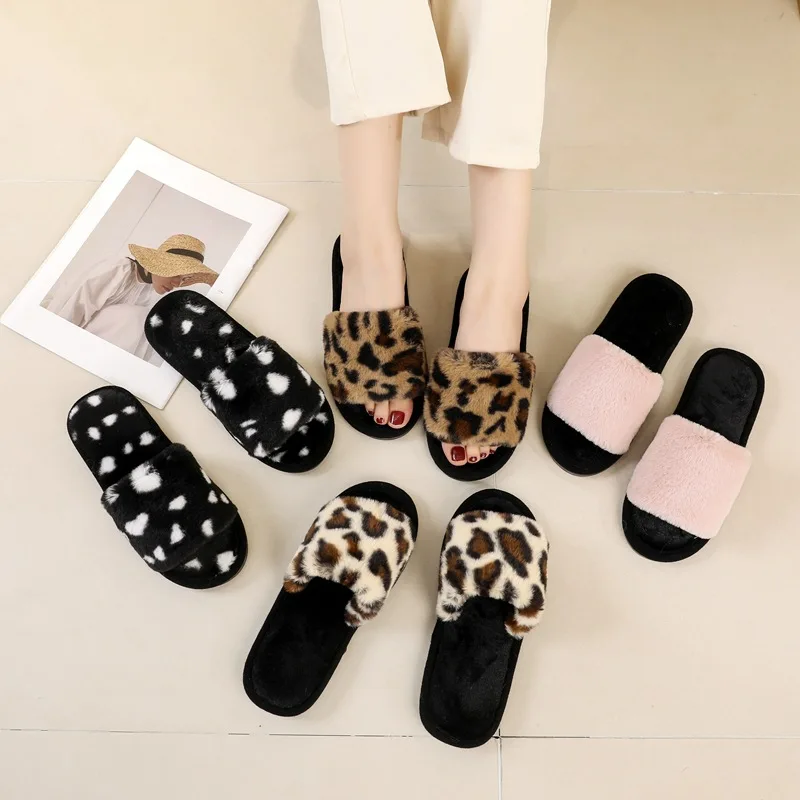 2025 New Fairy Style Leopard Print Fluffy Slippers for Women's Outdoor Wear in Spring Plush and Lazy One Line Cotton Mop