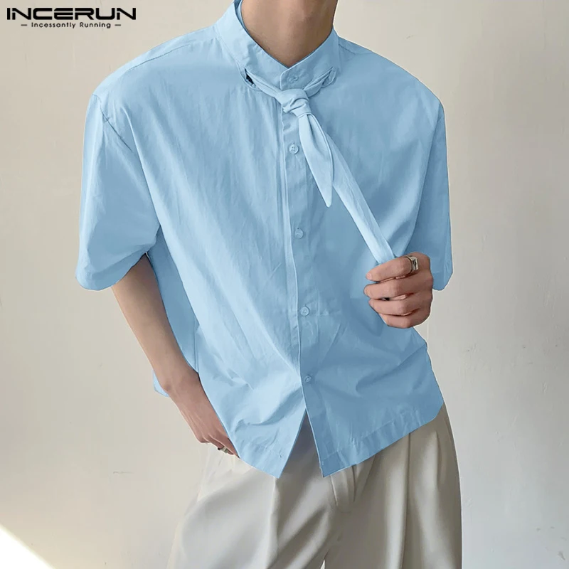

INCERUN Men Shirt Solid Stand Collar Short Sleeve Loose Tie Up Men Clothing Summer Streetwear 2025 Korean Style Male Shirts