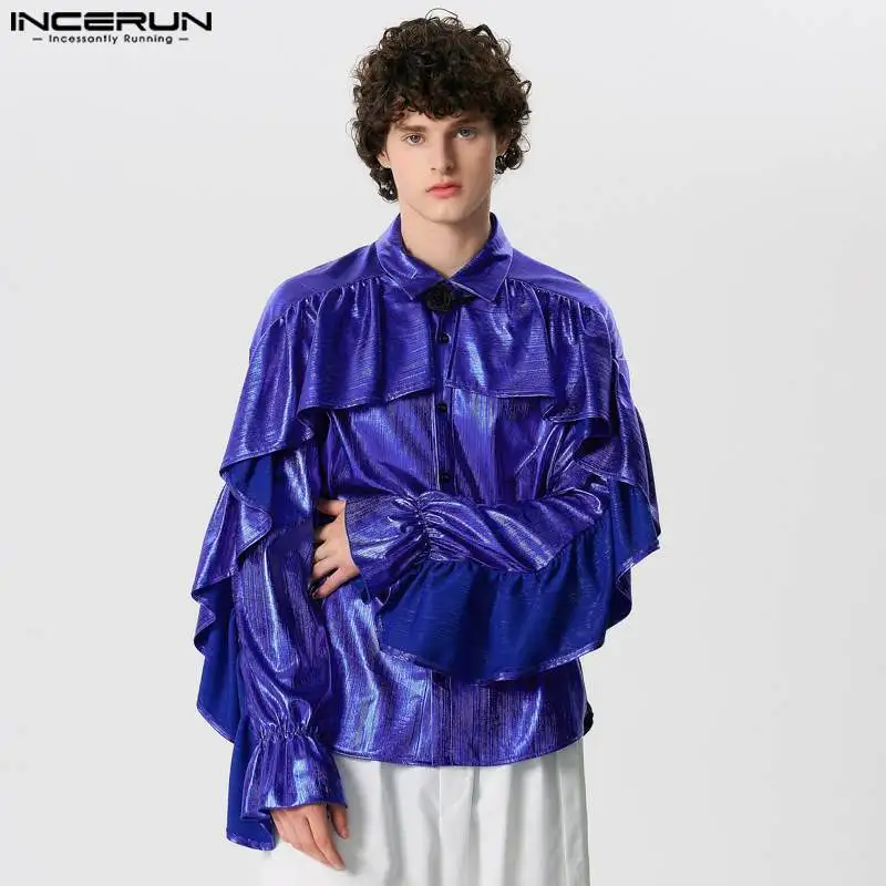 INCERUN 2024 Men Shirt Sparkling Patchwork Ruffle Lapel Long Sleeve Streetwear Men Clothing Party Fashion Casual Camisas S-5XL