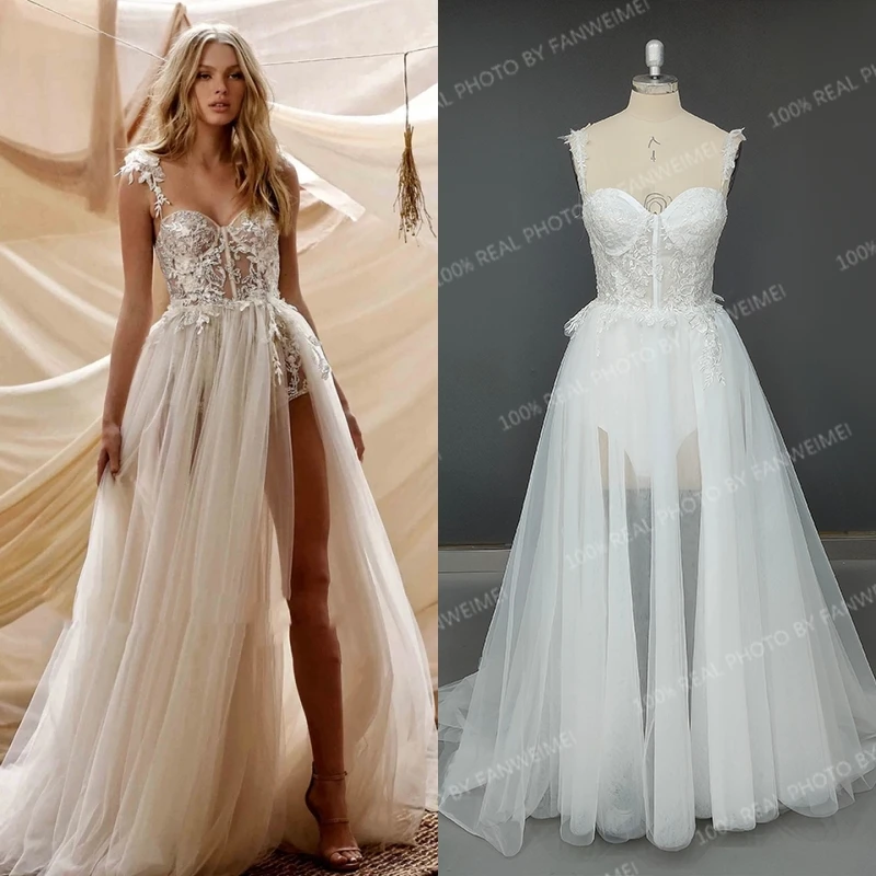 13874 #   Vestido de novia sencillo y personalizado, corte en A, tirantes modernos, apliques de ilusión, vestido de novia con cremallera y espalda descubierta de encaje