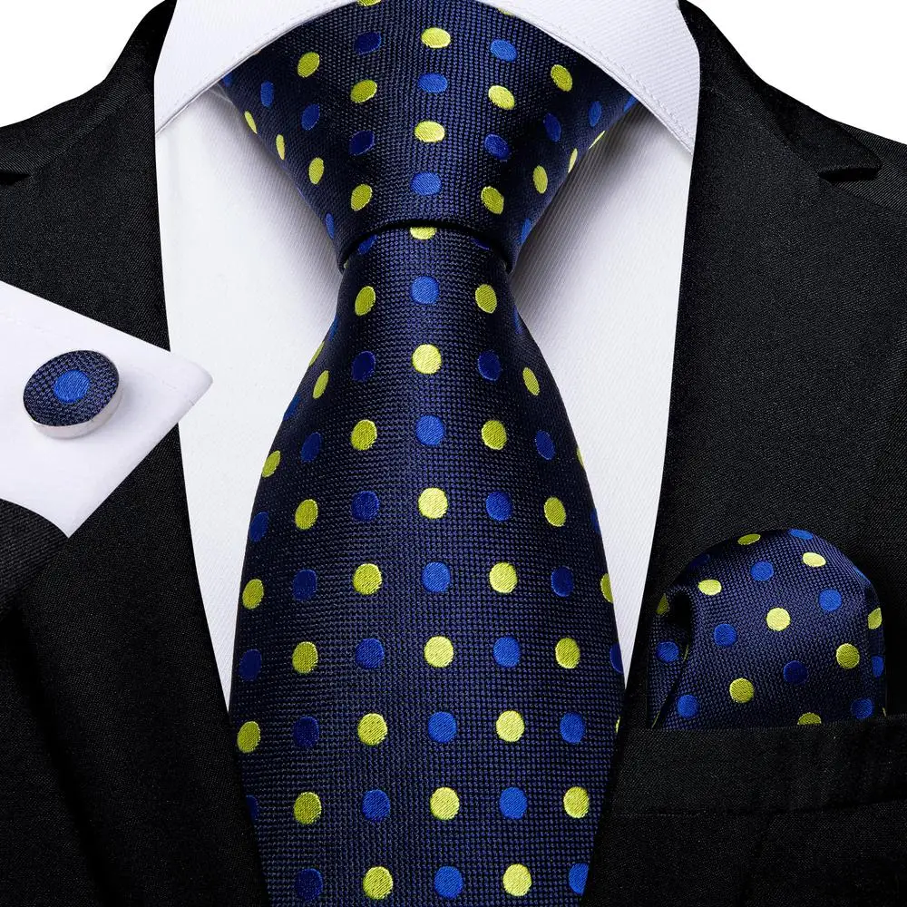 Hi-Tie Navy Blue Red Dot Wedding Tie For Men Hanky Cufflink Mens Gift Tie Set Business Party Dropshipping Fashion Designer