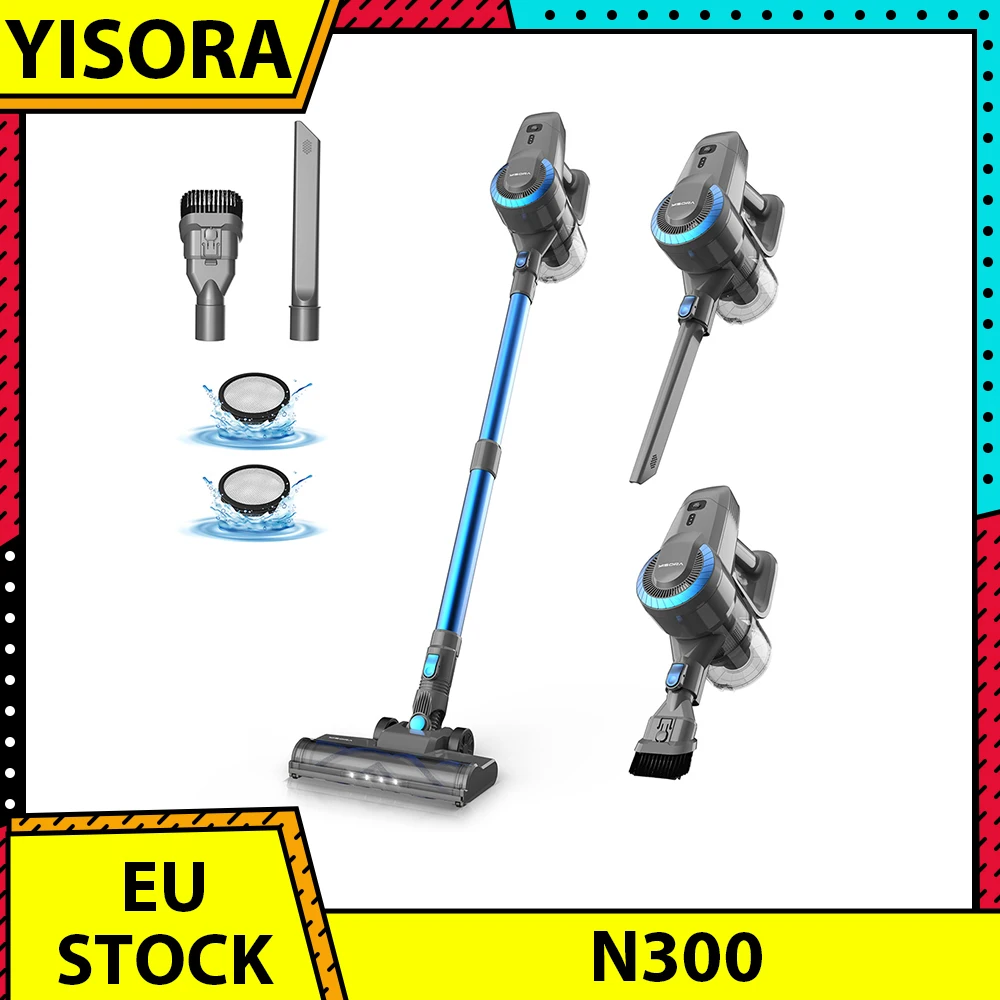 YISORA N300 Cordless Vacuum Cleaner, 20kPa Powerful Suction, 0.8L Dust Cup, 2200mAh Battery Up to 40min Runtime 2 Cleaning Modes