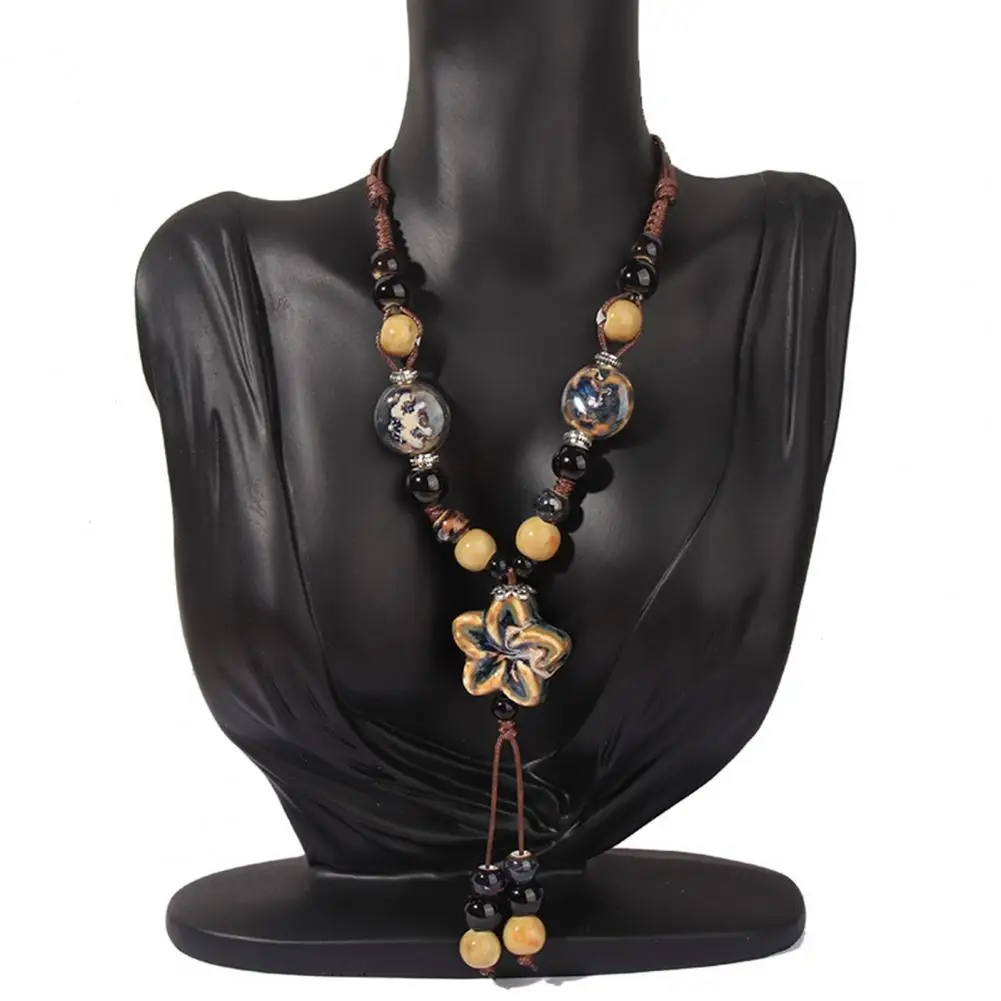 Retro Alloy Necklace Tassel Design Necklace Vintage Bohemian Ceramic Bead Necklace Handmade Braided Rope Flower for Women