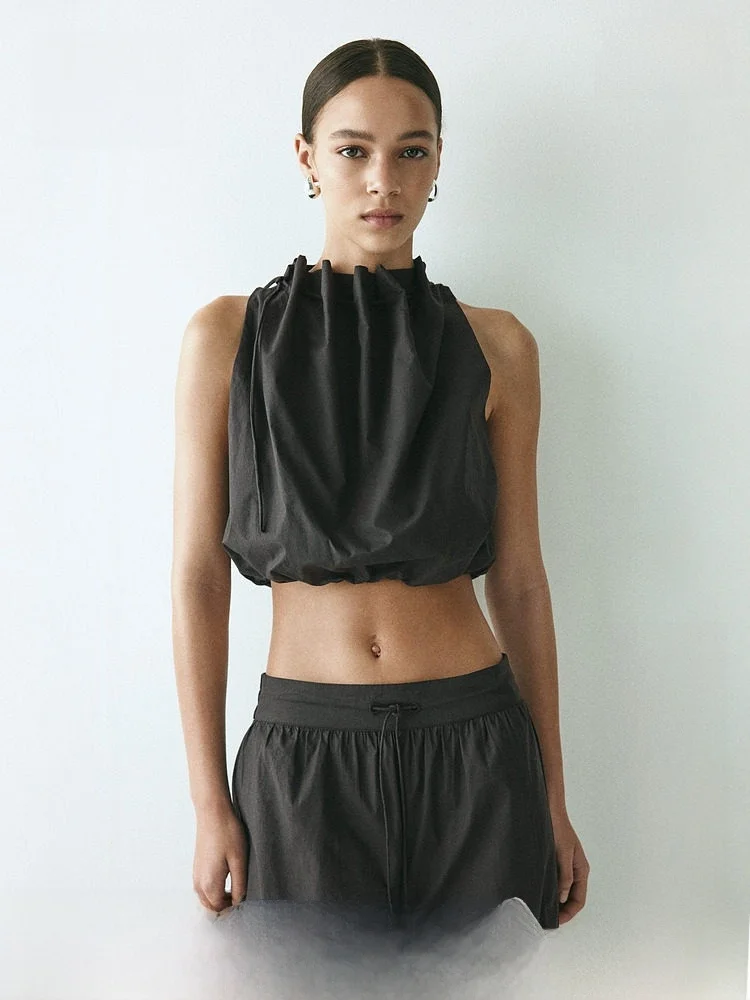 

H&M Новая летняя женская блузка из шантунга с завязками, без рукавов, с завязками на шее, из чистого хлопка, повседневная, комфортная, свободного кроя