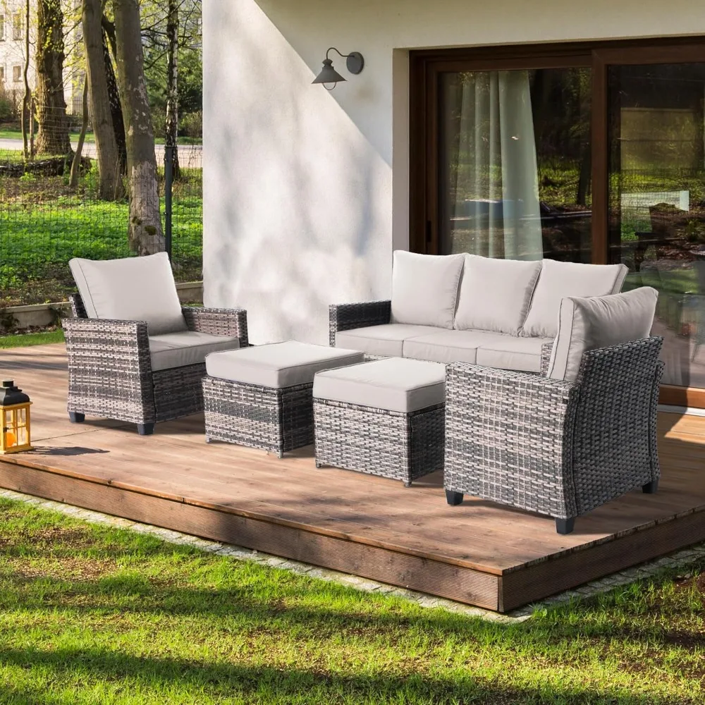 2Piece All Weather Patio Ottoman Patio Single Footstool Gray Gradient Rattan Outdoor Couch Additional Ottoman with Thick Cushion