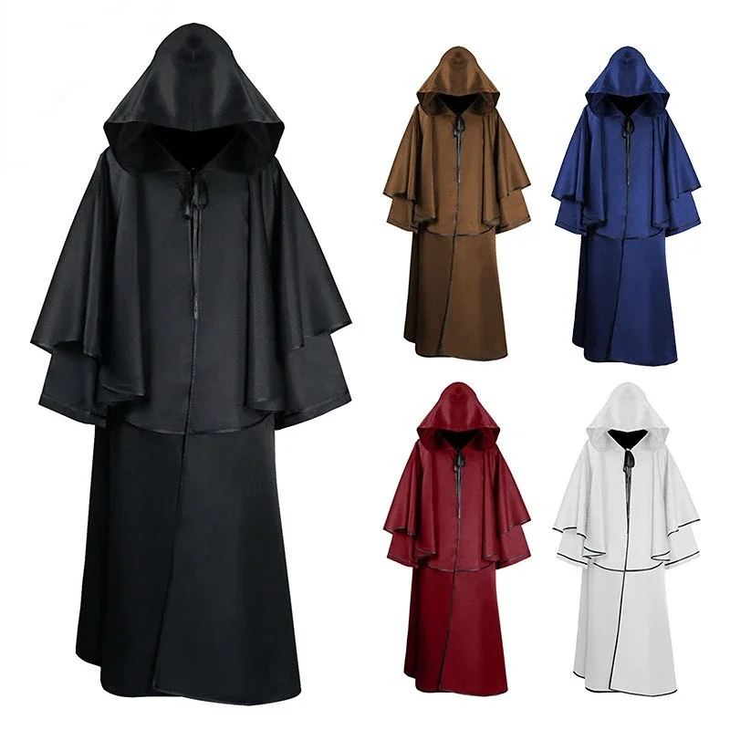 Cosplay Medieval Monk Robe Cloak Plague Doctor Halloween Dress Up Costume Hood Cape Mantle Gown Wizard Priest Friar Outfit