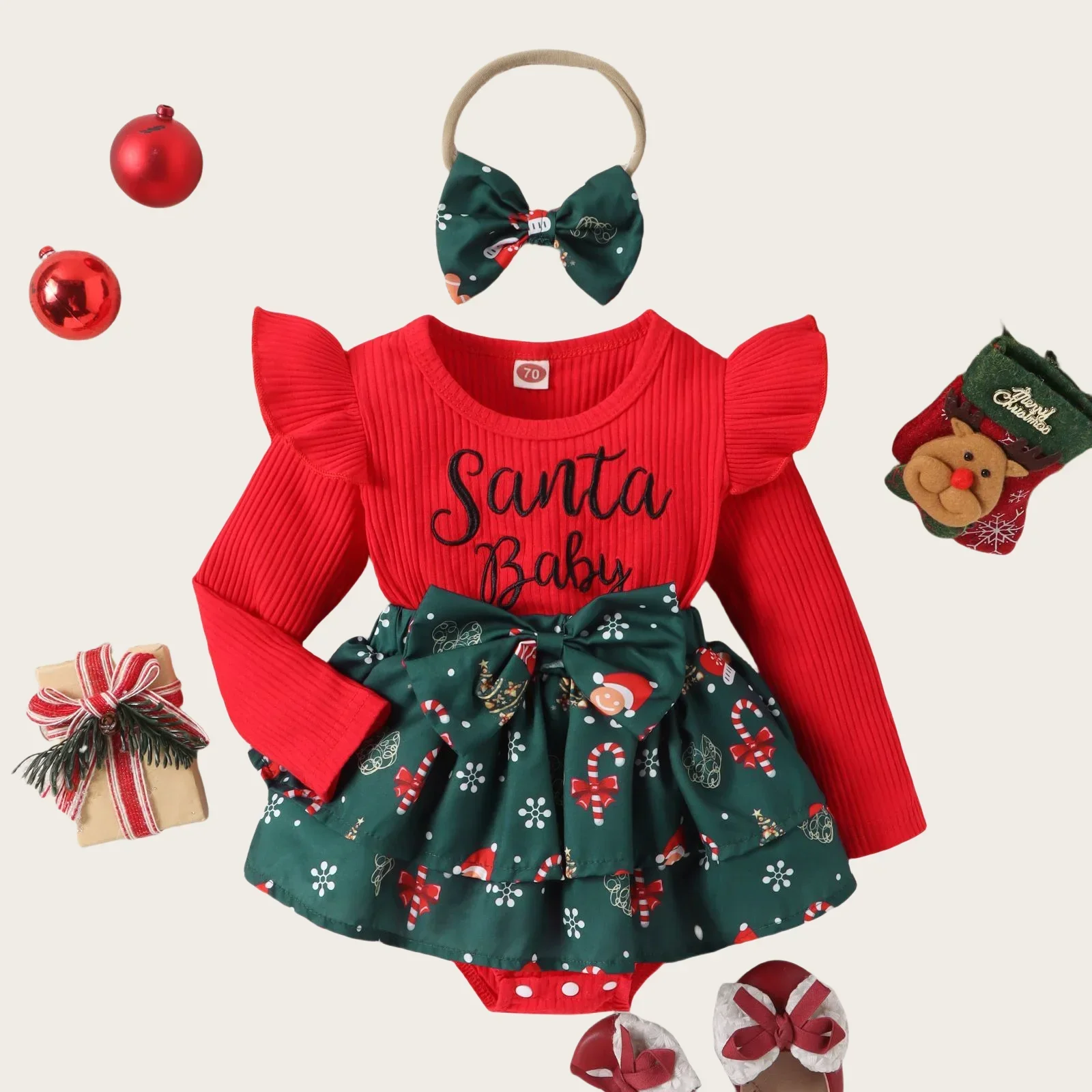 

0-24M Baby Girl Letter Print Christmas Romper Dress Sets Cotton Ruffle Sleeve Dress and Bow Headband Holiday Infant Girls Outfit