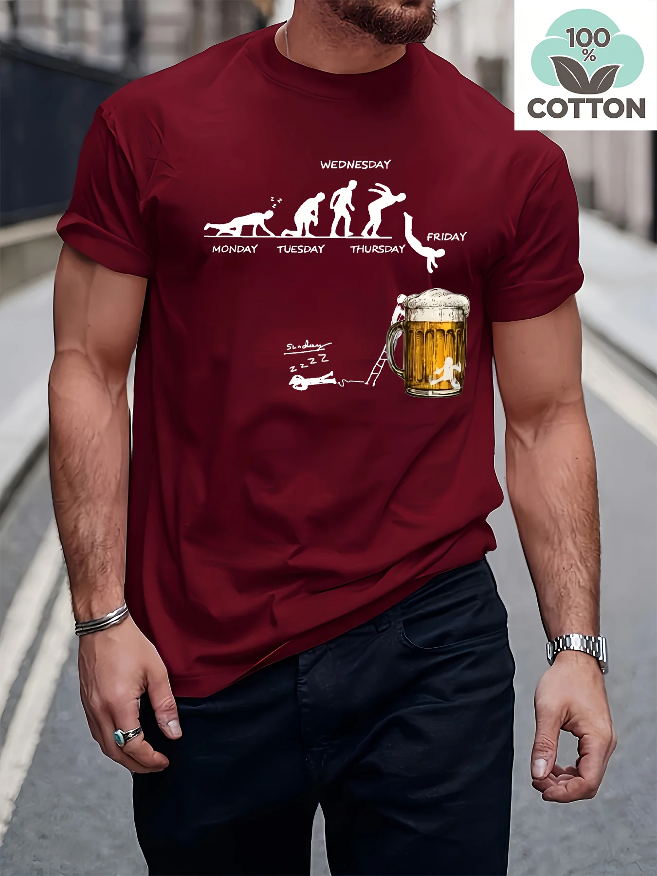 

2025 new model Men's Summer 100 Cotton Fashionable Casual Loose Large Fun Beer Pattern Printed Sports Round Neck Short Sleeve T-