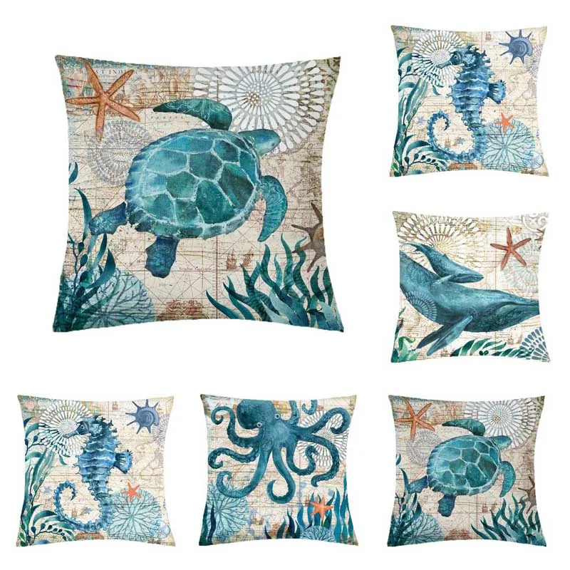 Turtle Cushion Cover Sea Style Octopus Decorative Pillow Case Cover Cushion Cover Sea Pillowcases Sea Horse Whale Home Decor