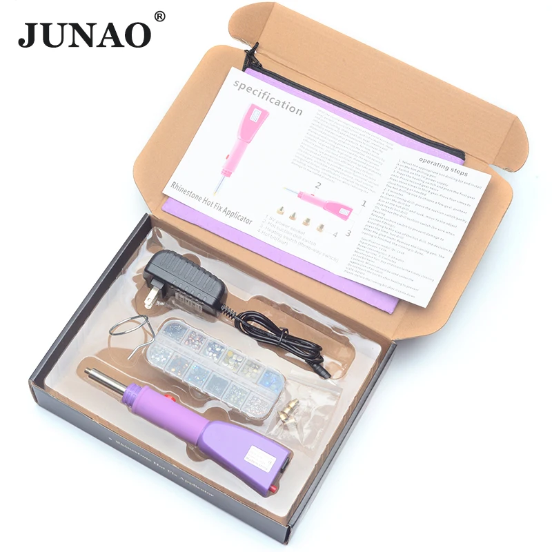 JUNAO Fast Heated Hotfix Rhinestone Set Pink Style Hot Fix Applicator Crystal Glass Iron-on Wand Heat-fix Tool Gun Garment Shoes