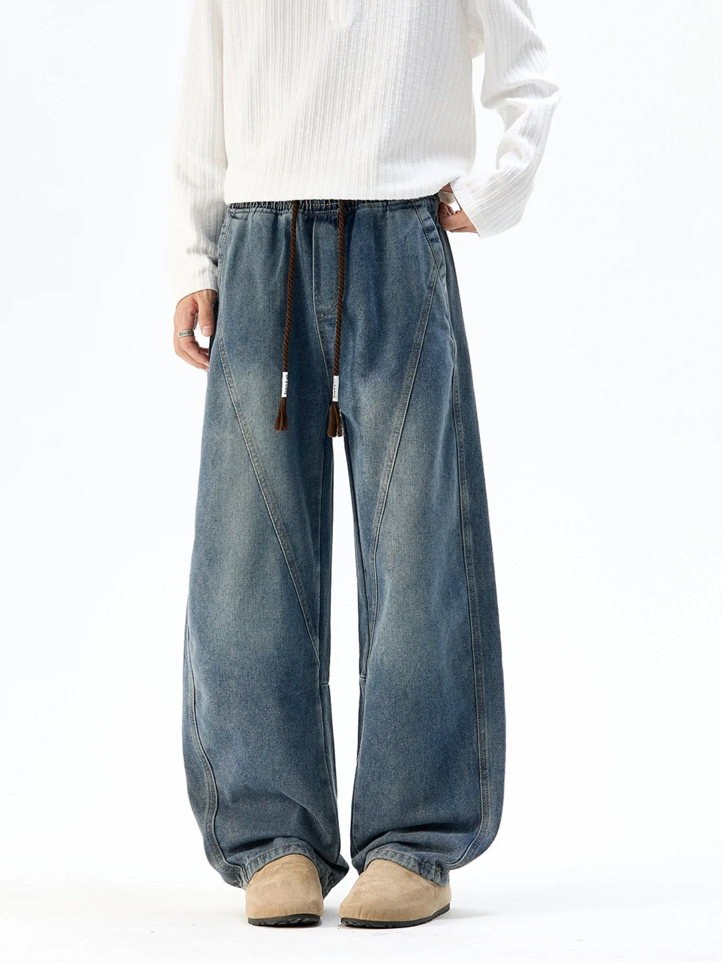 American Style Wide Leg Casual Jeans Men Trendy Brand Washed Loose Straight Tube Teenage Handsome Leisure Long Pants