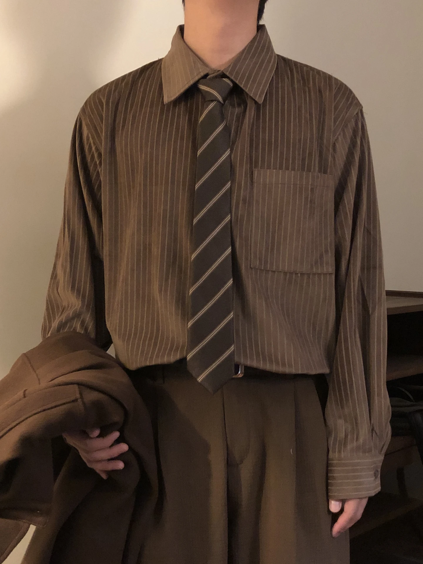 

Loose Long Sve Men's irt Casual Striped Loose Fit Autumn Faion NAGAWL Japanese Sle Vintage Brand Polyester Fiber