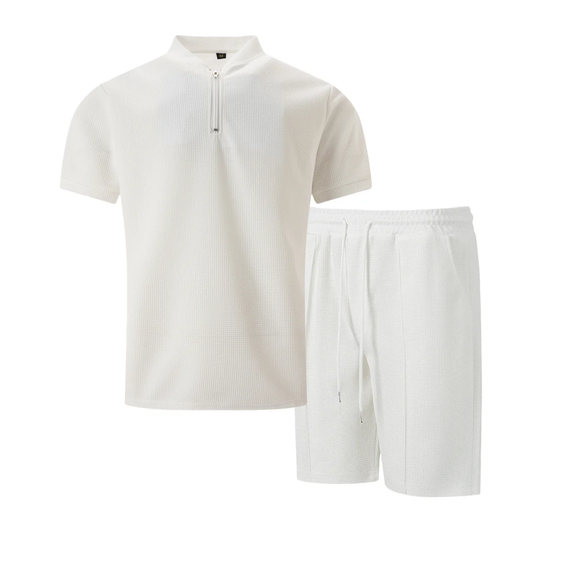 Men's Waffle Knit 2 Piece Set, Breathable Summer Half Zip Stand Collar Shirt & Drawstring Shorts for Daily Outdoor Outfits