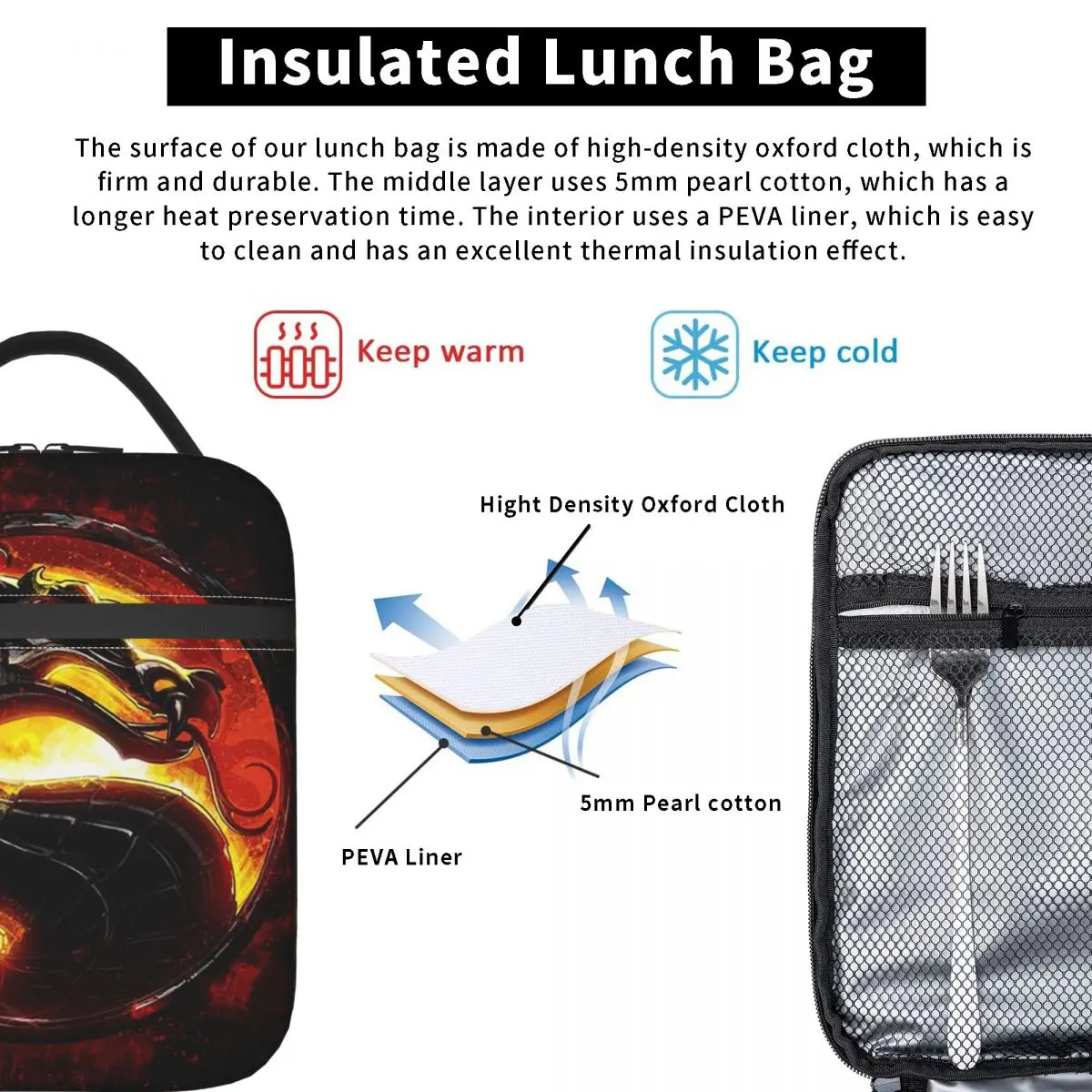 Cartoon Mortal Kombat Insulated Lunch Bag for Women Children Portable Food Boxes Thermal Lunch Box Tote