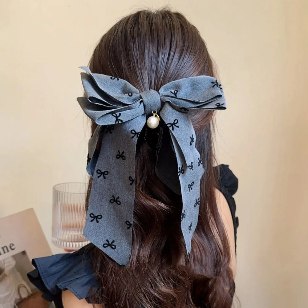 Korean Style Silk Ribbon Grey Cloth Shark Clip Satin Pearl Large Intestine Hair Rope Black Acrylic Grey Hair Ropes Kids