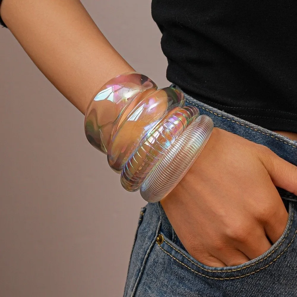 Transparent Acrylic Opening Bangle Irregular Large Color Shifting Effect Wide Cuff Bracelet AB Colorful Comfortable