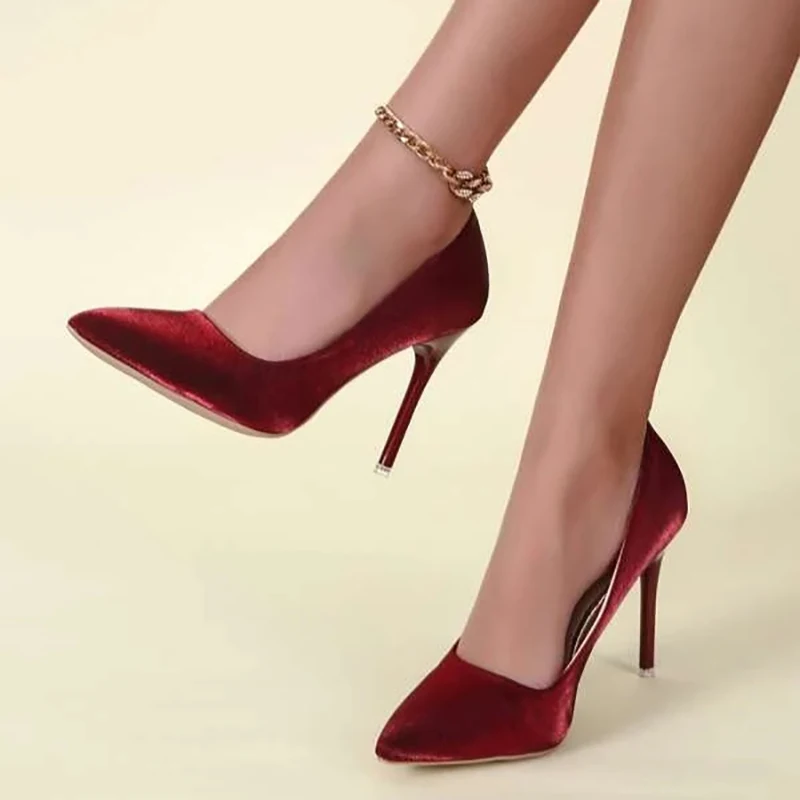 Wine Red Super High 10cm Thin High Heel Pumps Women Shoes Silk Fabrics Pointed Toe Slip-On Party Work Dress Shoes