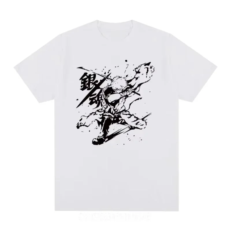 Summer Gintama Sakata Gintoki Anime T-shirt Vintage Washed Unisex Harajuku Streetwear Casual Tee for Fans