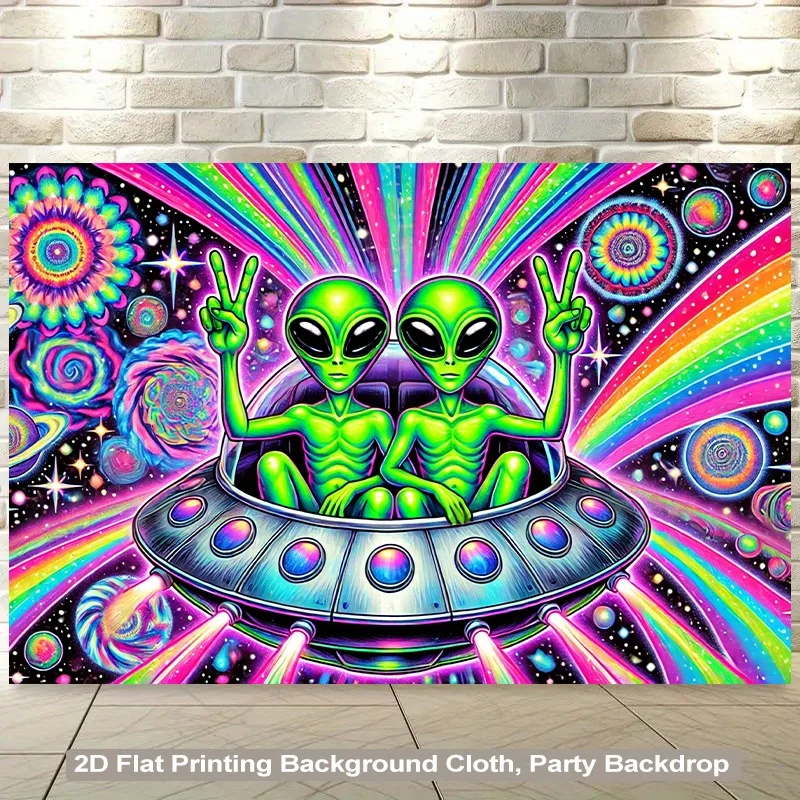 VIKAMA Alien UFO Psychedelic Rainbow Tapestry Party Backdrop Neon Living Room Feature Wall Decor Room Accent Home Decor