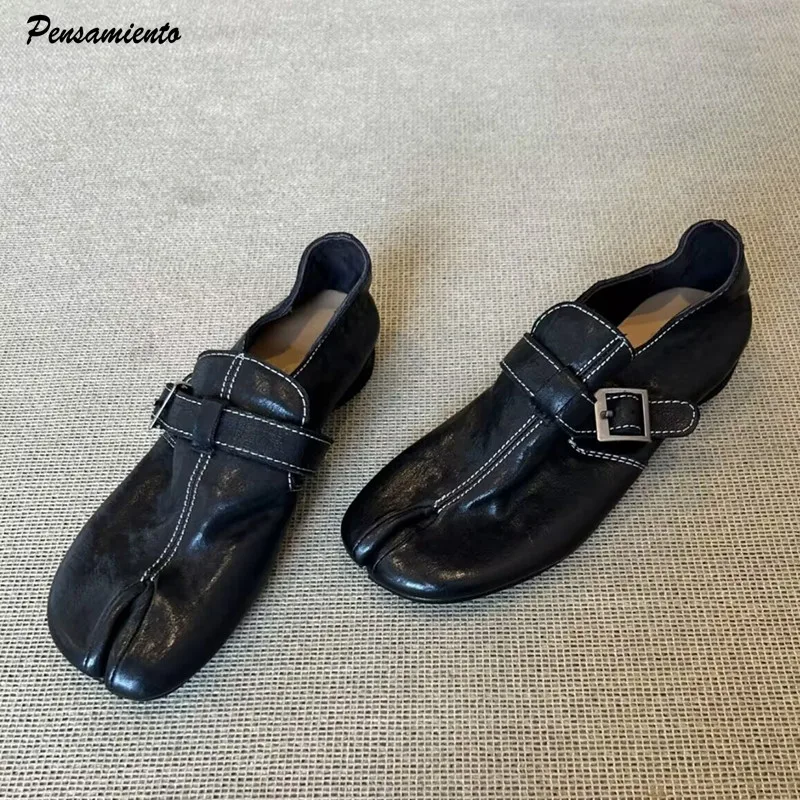 Ins stil Mode Weiche Leder Schnalle Nähen Frauen Pumpen Casual Niedrigen Absätzen Split Toe Loafers Weibliche Faul Tabi Täglichen Schuhe