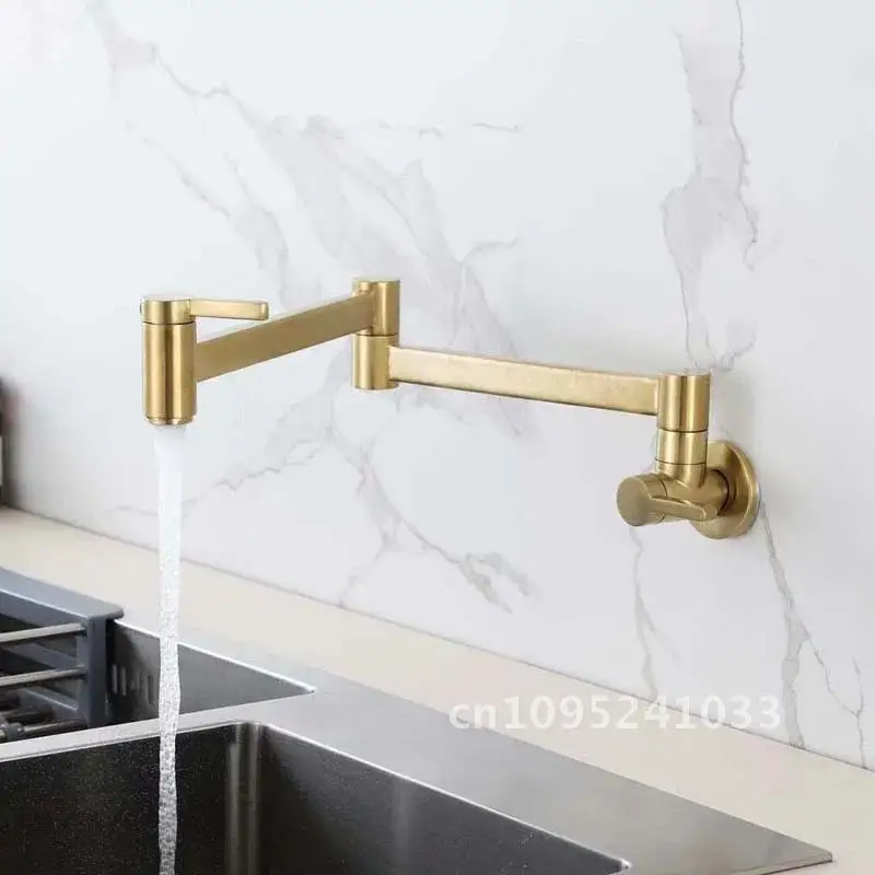 Mixer Kitchen Faucets Brushed Gold New Sink Brass Taps Wall Single Stretch Mounted Type & Handle Rotatable Cold Dual Foldable