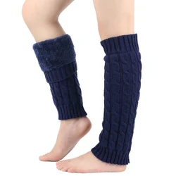 1 Pair Women Knitted Leg Warmers Twist Pattern Knee High Leg Cover Double-Layered Fleece-Lined Thicken Warm Winter Boot Socks