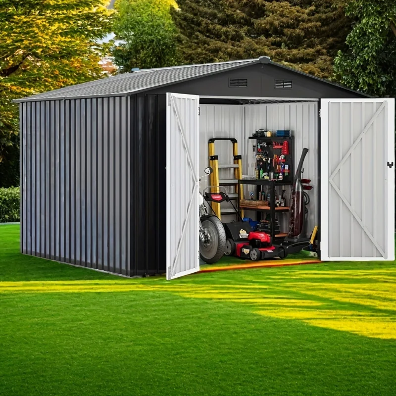 10x8FT Large Metal Outdoor Storage Shed, Lockable Doors & Air Vent For Backyard Patio Lawn To Store Bikes