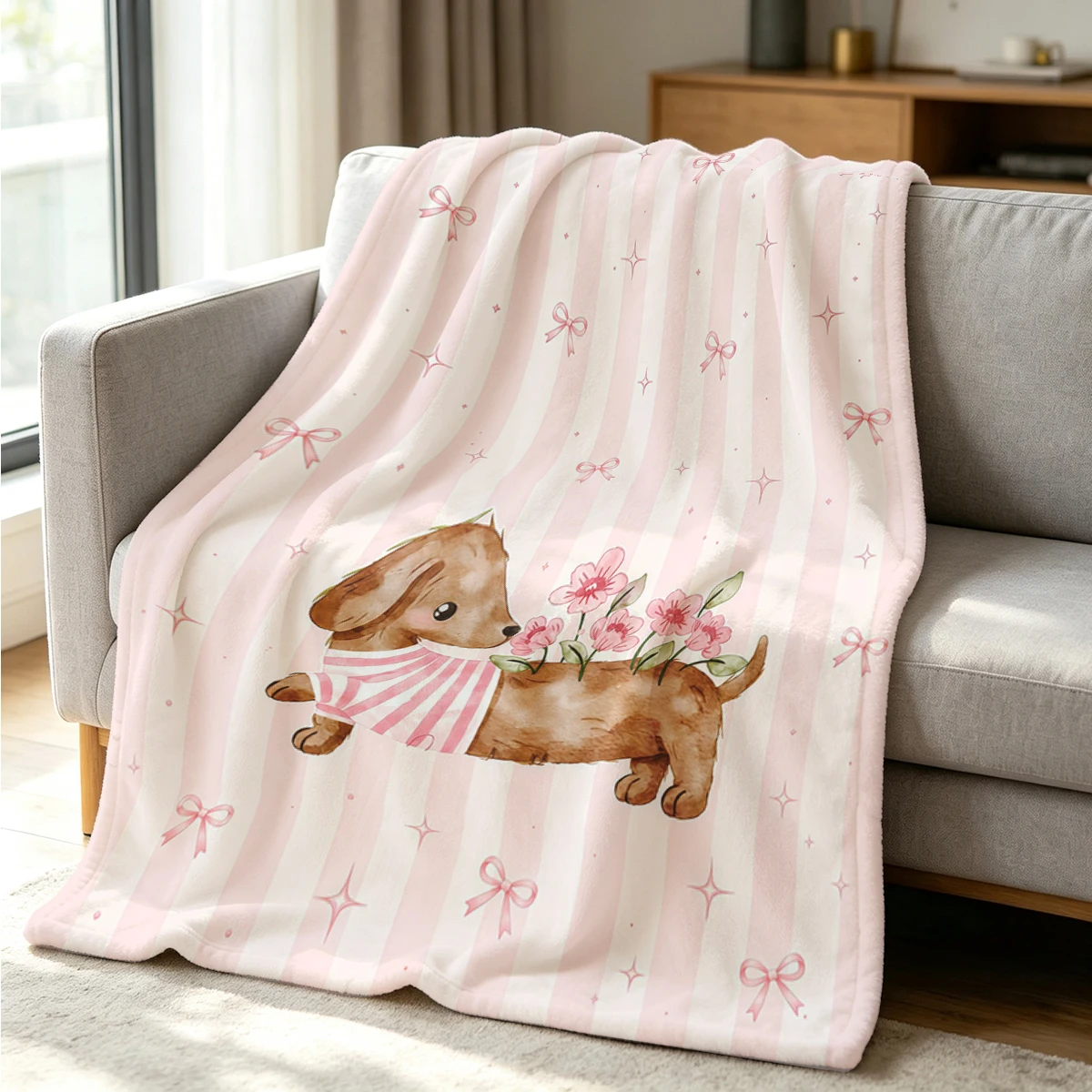 Flower Doxie Flannel Blanket Warm Soft Halloween Christmas Couch Warm Cozy Decorative Decor Gift for All Season