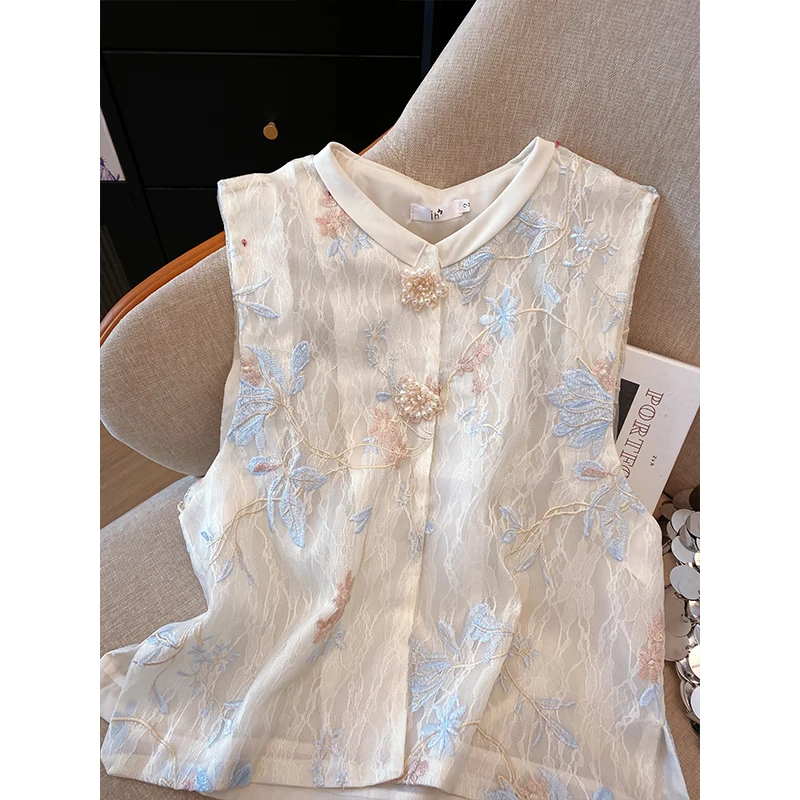 Floral Embroidered Vest Women Retro Chinese Vintage Ethinic Style Sleeveless Tops Oversized