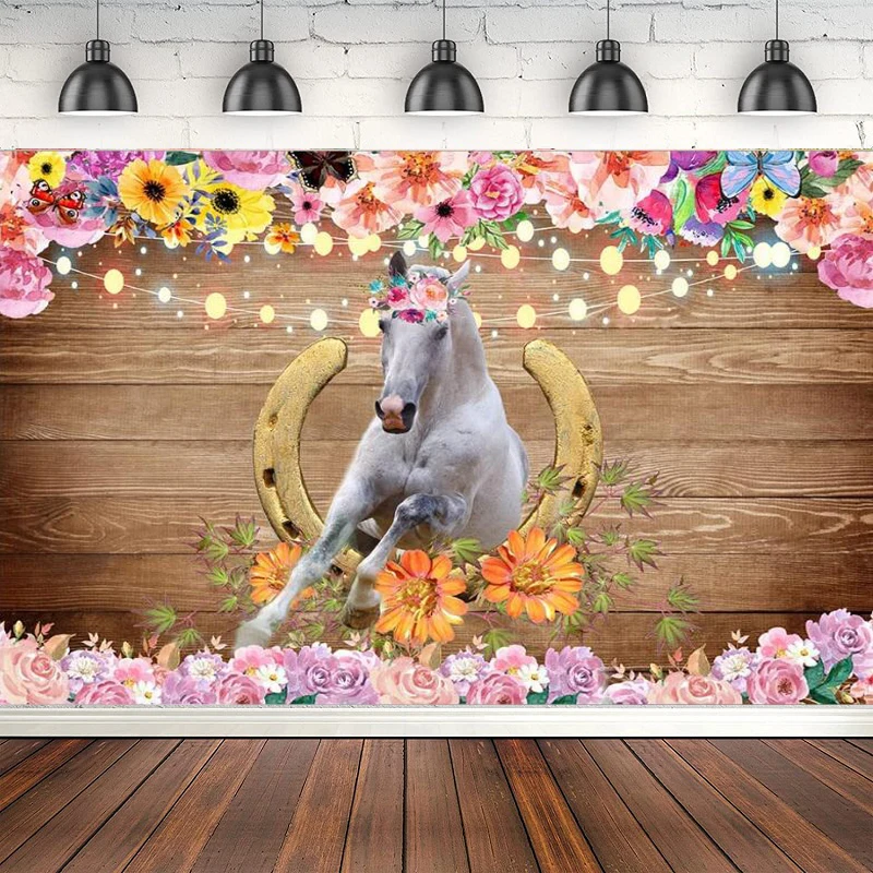 Photography Backdrop Pink Flowers Colorful Lamp Rustic Bar Wood Background Western Horse Birthday Baby Shower Banner Decoration