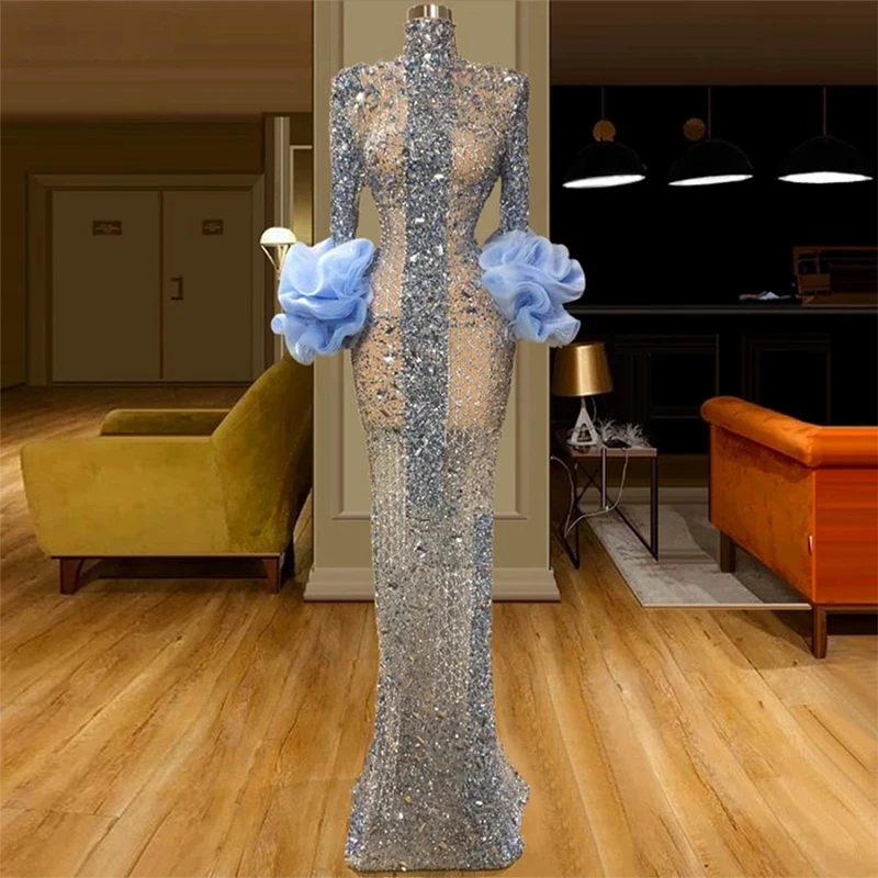 

2023 Sexy Mermaid Prom High Neck Long Sleeves Sequins Hand Beaded Ruffles Prom Dress Evening Gown Vestido Fiesta Noche