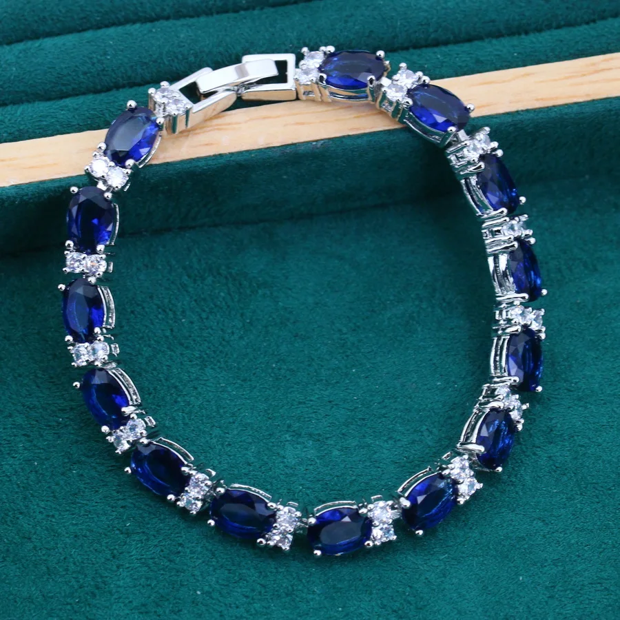 Geometrically Blue Zircon Silver 925 Jewelry Sets Bracelets Earrings Rings Pendant Wedding Necklace For Women Mother Day Gift