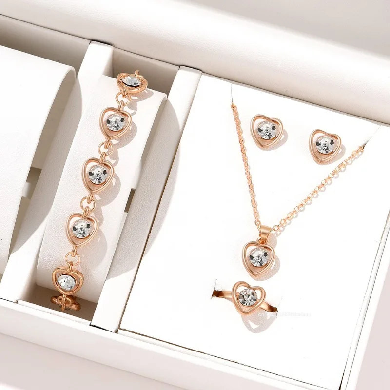 5pcs/Set Women Crystal Love Jewelry Fashionable Elegant High End Peach Heart Necklace Earrings Rings Bracelets Necklace