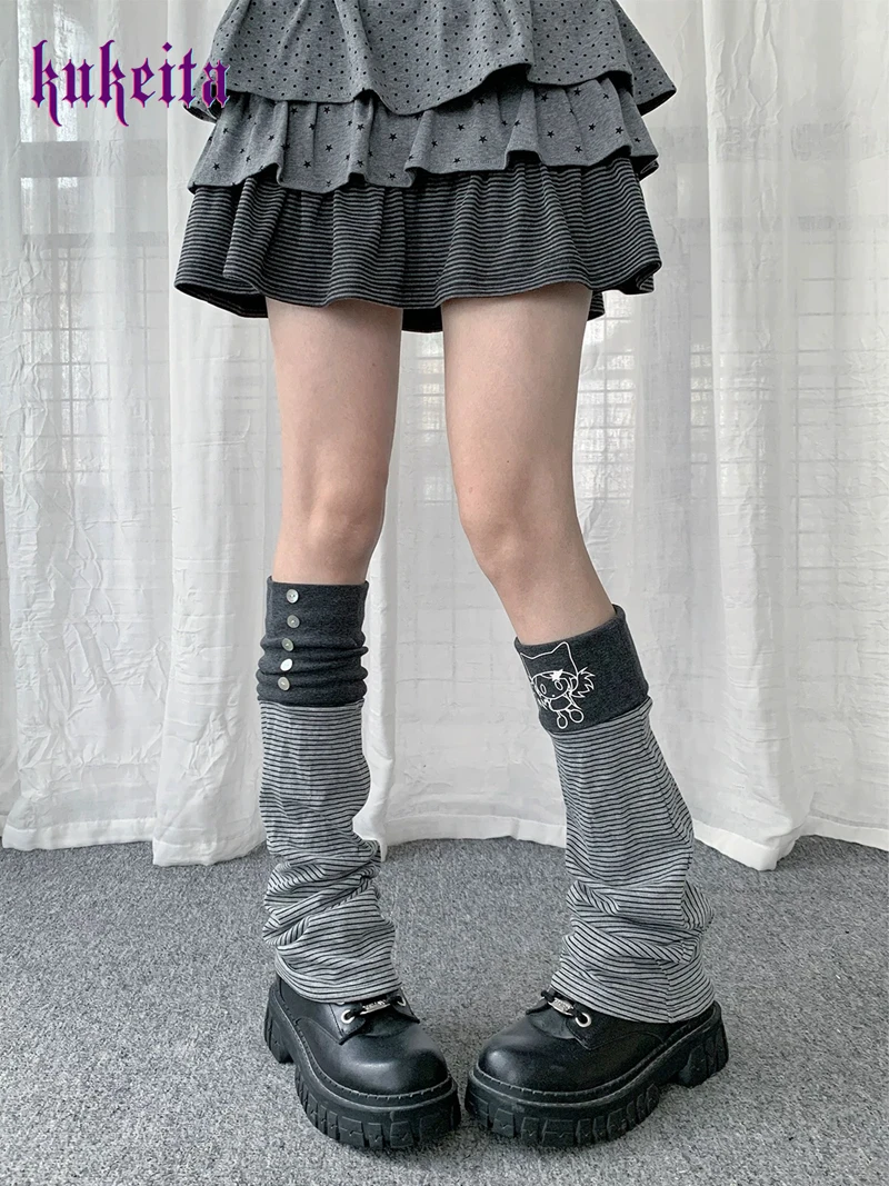 Kukeita Gothic Japanese Kawaii Cartoon Print Leg Warmers Socks Women Harajuku Y2k Button Striped Patchwork Chic Punk Leg Covers