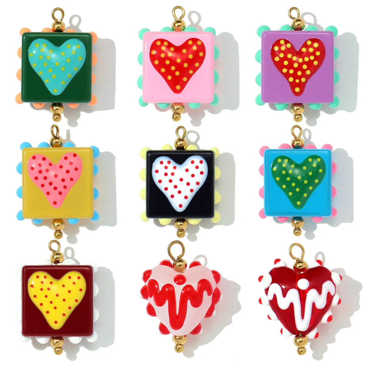 3 teile/los Edelstahl Lampwork Glas Halskette Anhänger Polka Dot Herz DIY Ohrring Charme Frauen Quadratische Farbige Glasur Schmuck