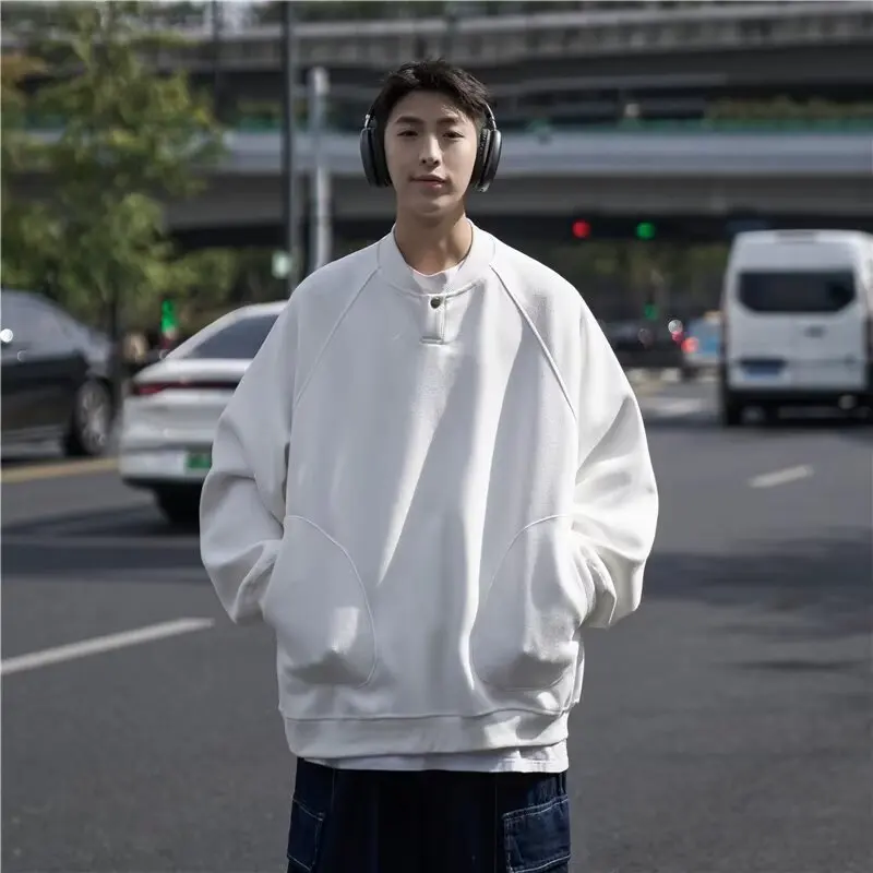 2025 Autumn New Men's Solid Round Neck Long Sleeve Hoodie Sweatshirt Korean Fashion Oversized Loose Pullover Tops Streetwear Men
