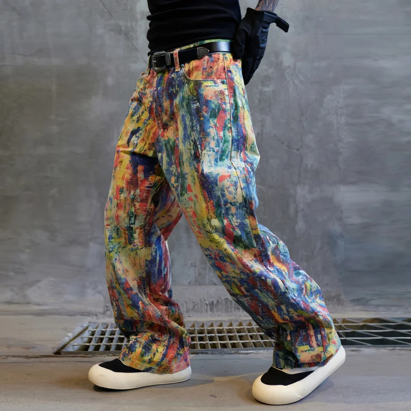 Fashionable color design jeans, men's personality, hip-hop trend, American street style loose wide leg, floor length denim pants