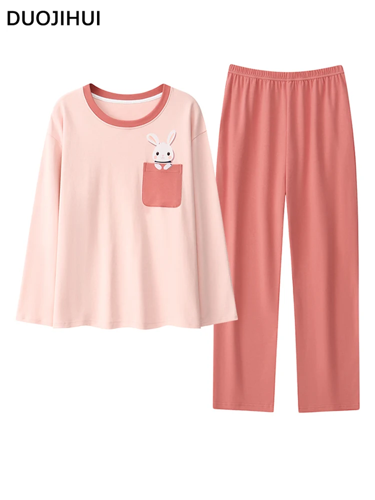 DUOJIHUI-Pijama de dos piezas para mujer, ropa de casa informal de manga larga, jersey con almohadilla en el pecho, color rosa, otoño