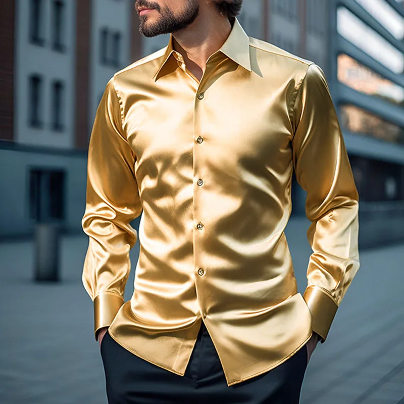 Casual Men\'s Satin Shirts Slim Fit Long Sleeve Buttoned Lapel Fashion Shirt Nightclub Men Clothing Fall Vintage Solid Color Top