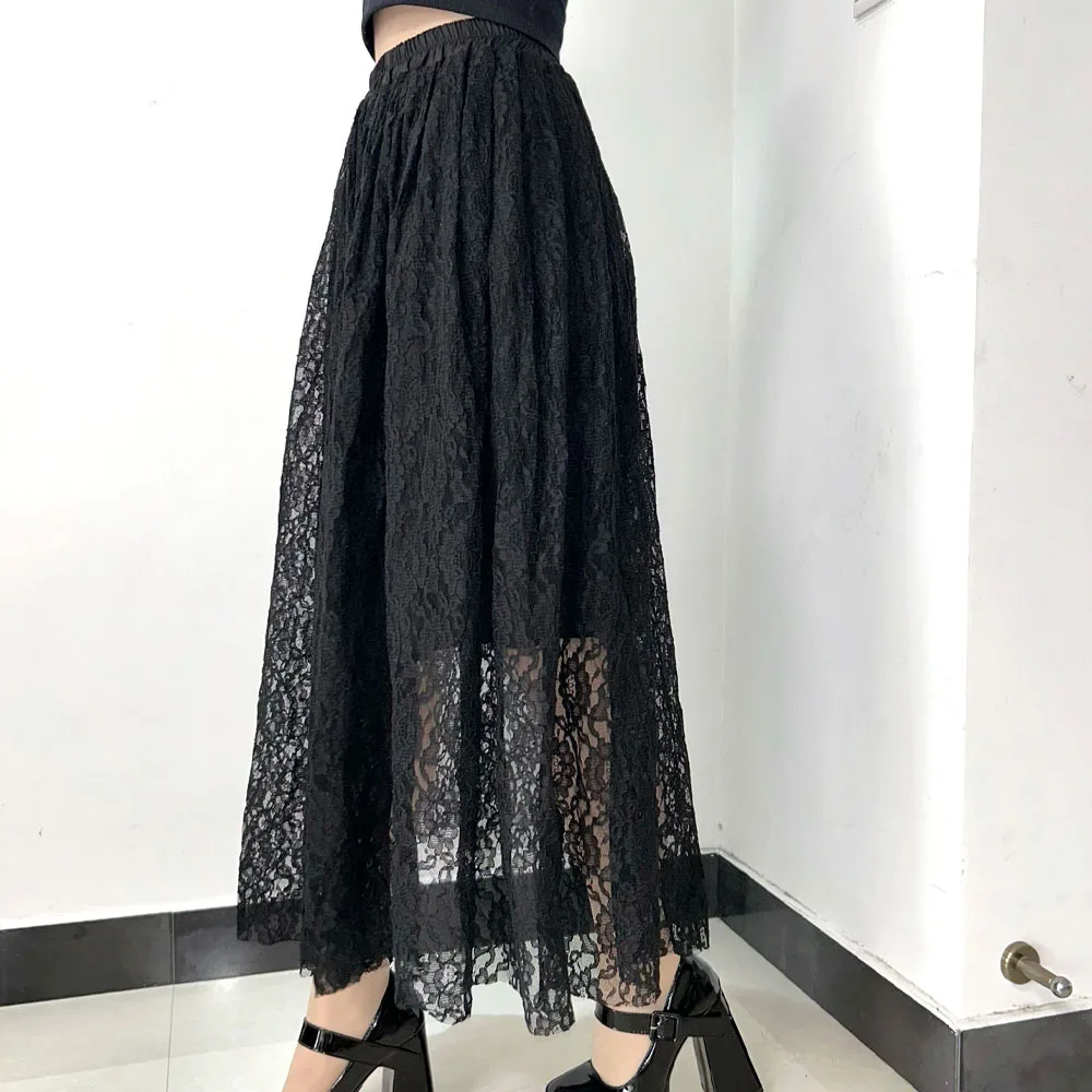 TIYIHAILEY Long Maxi Ladies A-line Elastic High Waist Women Lace Skirts Big Hem 2025 Black New Ladies
