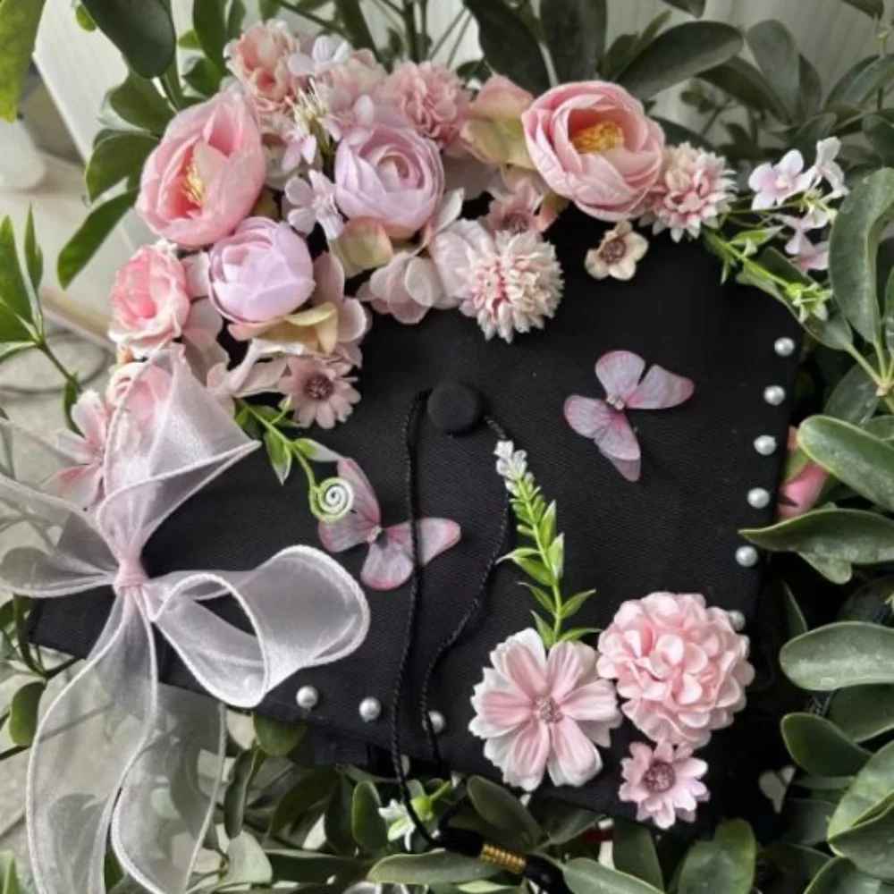 Doctor DIY Flowers Graduation Cap Master Adjustable Academic Hat with Tassels Bachelor Fringe Trencher Cap Material Package
