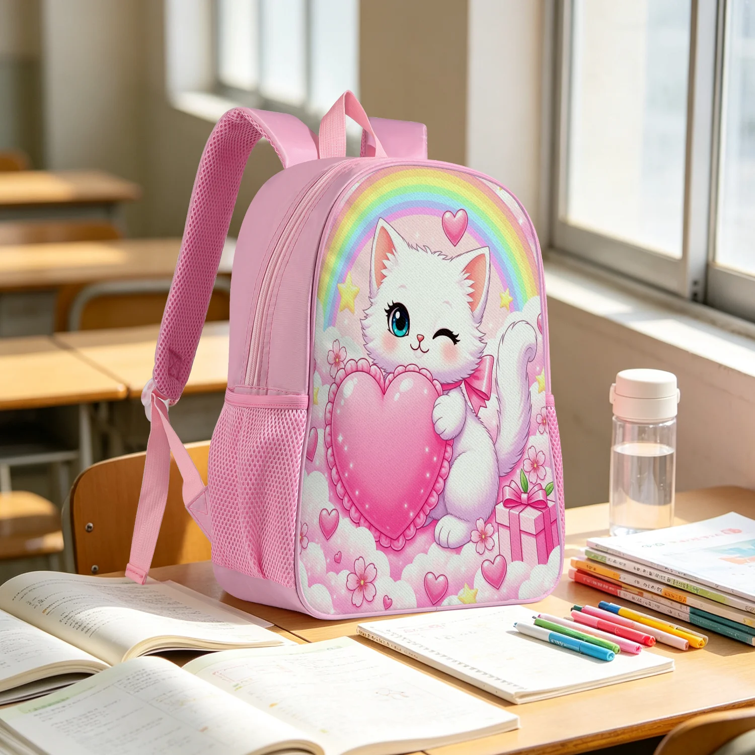 Sweet Pink Cat Backpack Lightweight School Bookbag with Heart Rainbow Flower Gift Print Adjustable Padded Straps