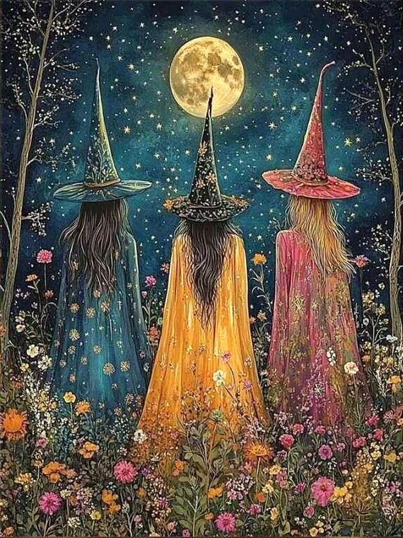 Pintura de Diamantes 5D de las Tres Brujas al Luar, Punto de Cruz, Kit de Mosaico - Arte Místico Floral de Noche Lunar para Decoración de Pared DIY