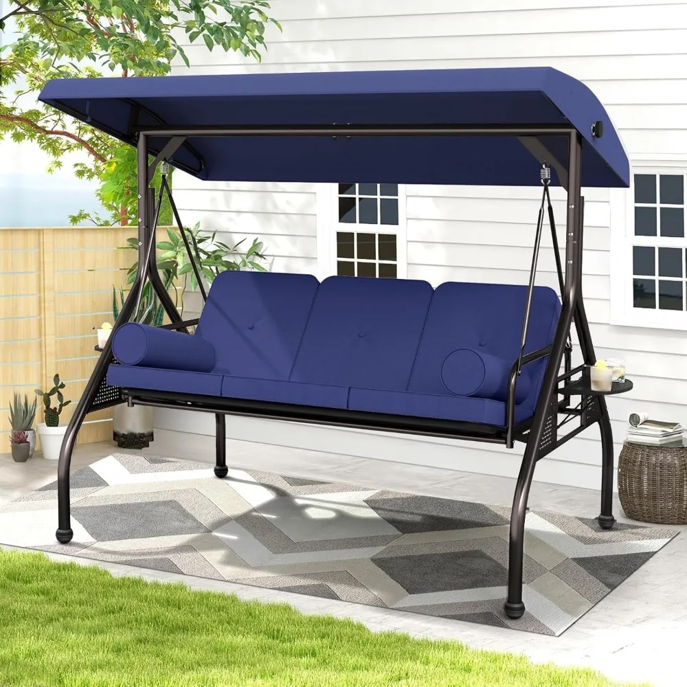 3 terrace swing chairs, outdoor porch swing with cushions, pillows, and cup holders, gardenadjustablesunshadeoutdoor bench swing