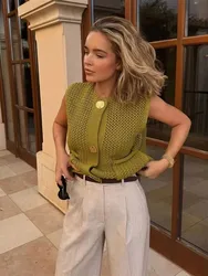 HH Knit Vests For Women Vintage Solid Metal Buttons Sweater With Pockets O Neck Sleeveless Waistcoat Y2k Crop Top Vest