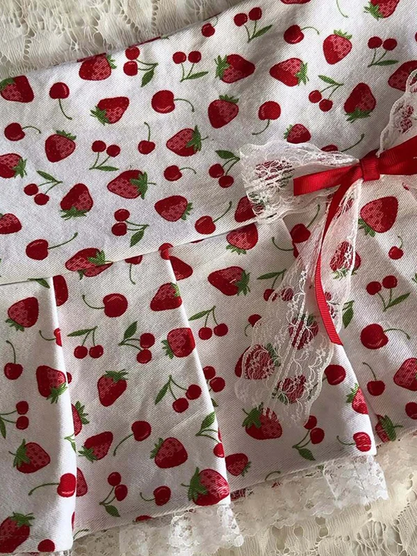 Saia com estampa stbery original para mulheres vintage sle coreano commute mistura de algodão saia evasê comprimento ortopé doce picante...
