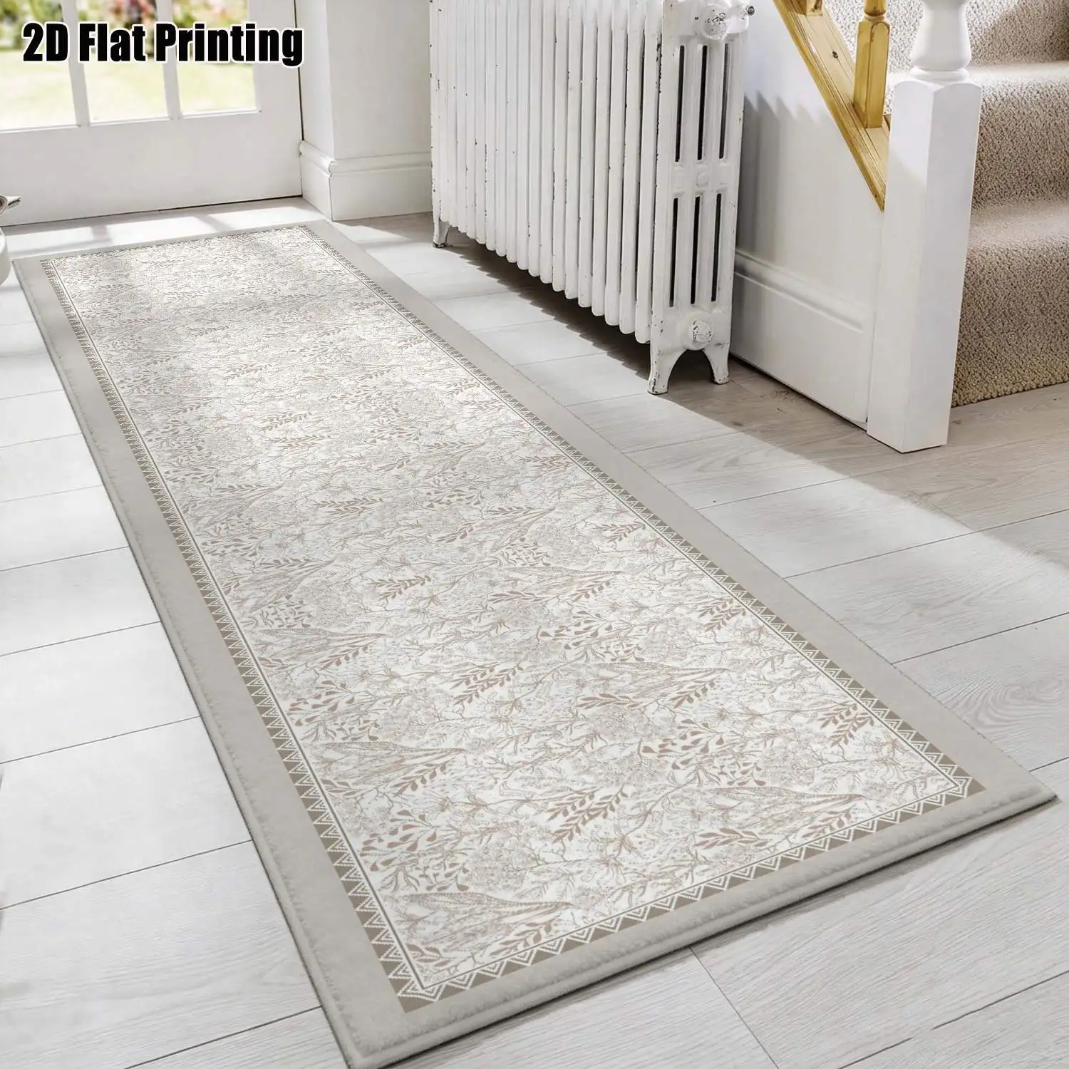 1Pc 2D Printed Long Strip Runner Carpet Beige Floral, European, Bohemian, Geometric Striped, Modern Minimalist Styles. Machine-Washable, Multi-Size, for Entryway, Hallway, Bedroom, Kitchen Home Decor.
