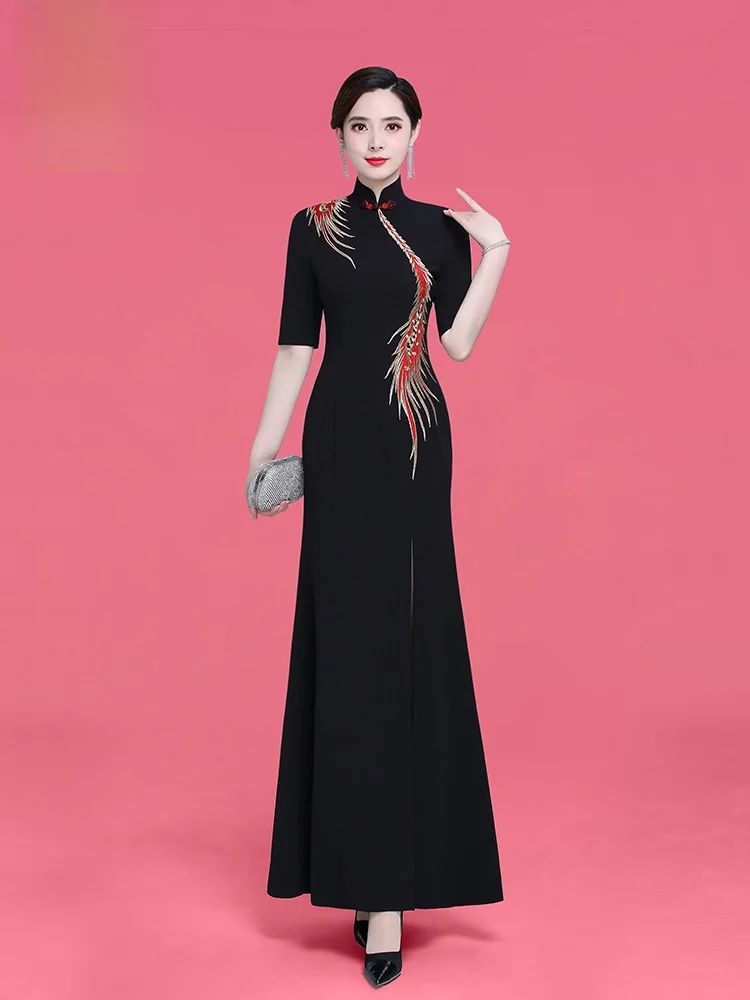 

Ele Long Performance Costume Women's High Slit Breathable Polyester Fiber Stage Performance Slimming Suit