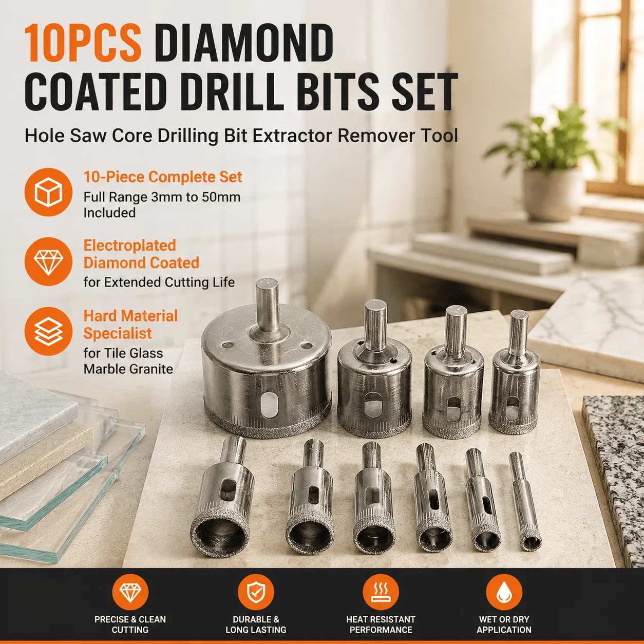 Diamond Drill Bits Set 10Pcs Diamond Coated Hole Saw Kit For Tile Glass Ceramic Marble Granite Stone Porcelain Core Drilling Tools Smooth Precision Cutting Water Cooling Compatible Hard Material Professional Grade Wet Dry Use For Porcelain And Ceramic